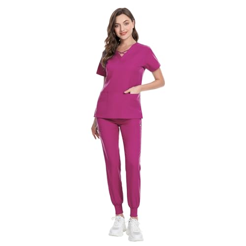 Image of VIAOLI Scrubs for Women Set Modern V-Neck Top & 8 Pocket Jogger Pants Nursing Uniform Solid Stretch Workwear