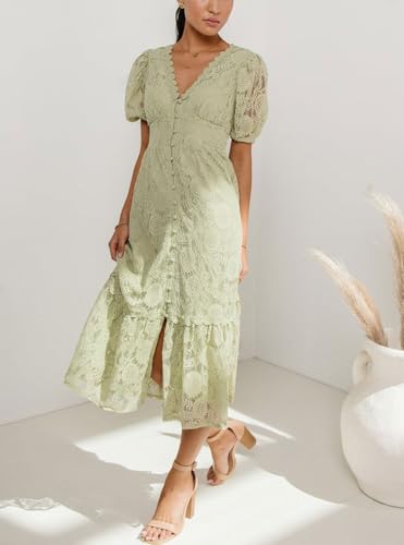 Image of utcoco Lace Dress for Women 2025 V-Neck Lantern Sleeve Hollow Out Button Down Slim High Wasit Midi Dress
