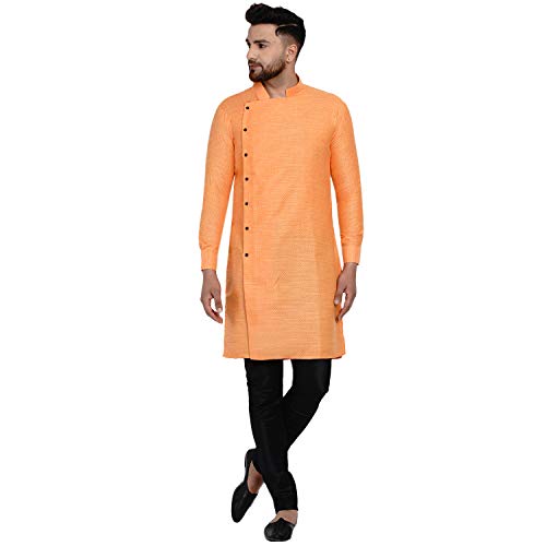 Image of Veera Paridhaan Men's Ethnic Poly Cotton Full Sleeve Textured Side Button Long Kurta(Orange)