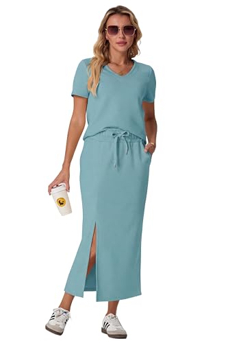 Image of GRECERELLE Women Summer Casual 2 Piece Sets V-Neck Wrinkle-Free Top & Elastic Waist Midi Side Slit Skirt with Pockets