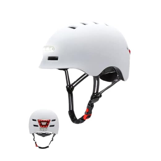 Casco de Ciclismo con Luz Advertencia Roja + Luz LED Frontal Blanca. Casco de MTB, Bicicleta, Patinete. Casco Redondo Scooter con Forro Desmontable, Carcasa de PC + EPS, 14 Respiraderos y Cable USB.