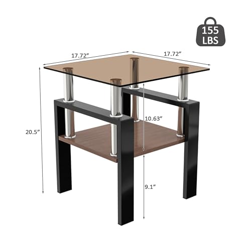 Image of Meihua Glass End Table, Square Glass Side Table, 2-Tier Modern Nightstand with Metal Legs for Living Room&Bedroom (Brown+Brown, Set of 2)