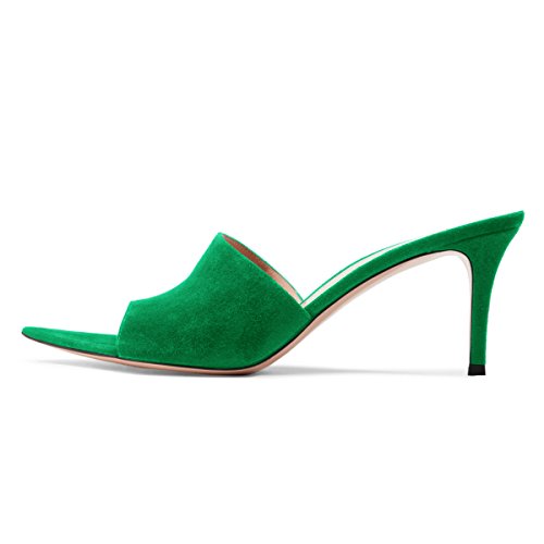 FSJ Women Fashion Mid High Heels Sandals Suede Slip on Open Toe Mules Sexy Slide Shoes Size 10 Green-7 cm