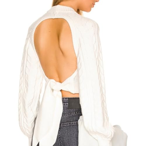 Image of Woman Sexy Open Back Cable Knit Sweater Casual Long Sleeve Knit Crop Tops Fall Crew Neck Tie Up Back Pullover (White, L)