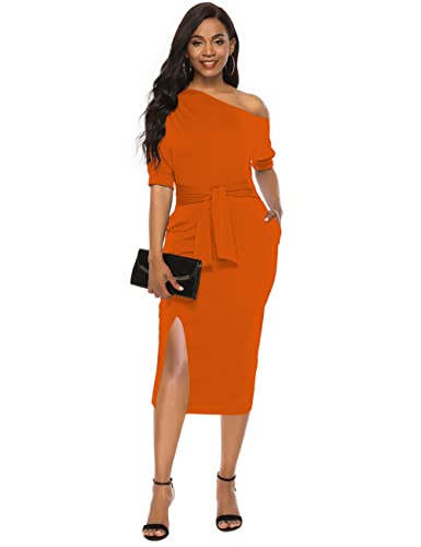 Womens Classy Off Shoulder Short Sleeve Belted Side Slit Midi Pencil Dress with Pockets4