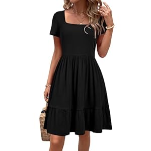 Newshows Women 2025 Summer Dress Square Neck Formal Short Sleeve Business Casual Outfits Ruffle Spring Pockets Sundress