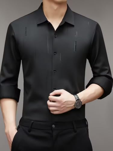Image of IndoPrimo Men's Regular Fit Satin Designer Shirt with Stylish Vertical Line Sequence | Long Sleeve Formal & Casual Button Down Shirt for Casual and Party Look