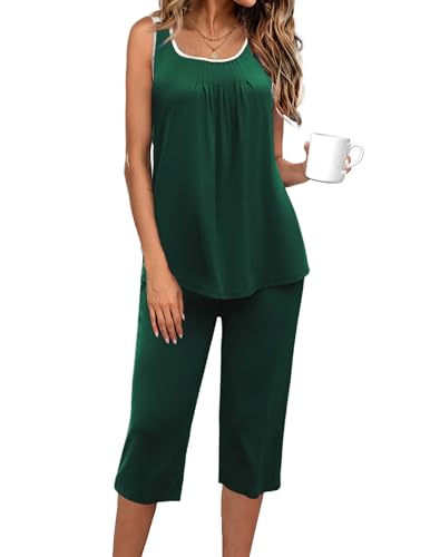 Image of Ekouaer Capri Pajama Sets for Women 2 Piece Soft Cute Pjs Round Neck Sleeveless Lounge Set for Summer Sleepwear S-XXXL
