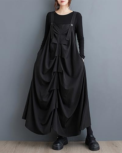 ellazhu Women's Vest Dress Irregular Hem Solid Black Strap Shoulder Buttoned Loose Oversize Fall GZ262 A2