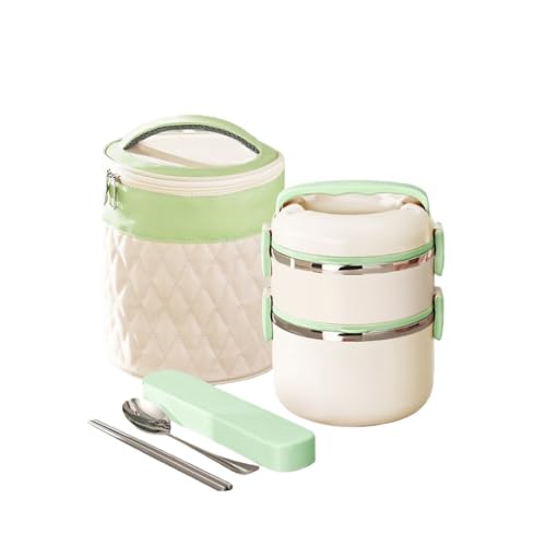 EVREFIN弁当箱保温弁当箱二段三段箸とスプーン付き真空断熱子供大人女性男性通用通学アウトドア用食器送り丸型弁当箱サラリーマン携帯多段保温弁当箱大容量304ステンレスご飯付き (ベージュ,1800ml(食器送り+保温袋))