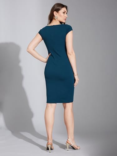 Image of Life With Pockets Women's V-Neck Cap Sleeve Solid Wrapped Polyester Knee-Long Dress