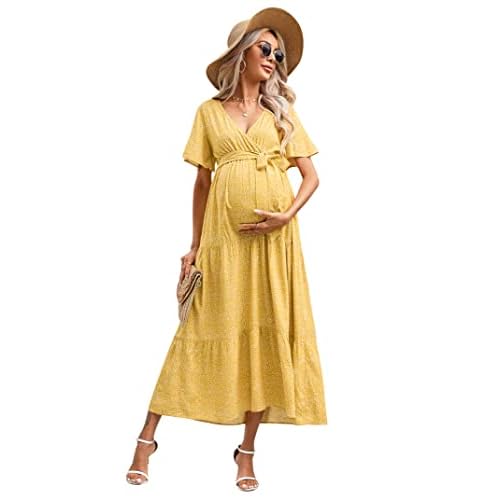 FUNJULY Women's Maternity Dress Women's V-Neck Puff Sleeve Pleated Maternity Maxi Dress for Baby Shower, X-Large, Yellow Floral