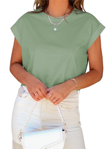 Image of Tankaneo Womens Short Sleeve Cropped T-Shirts Summer Rolled Dolman Sleeve Crop Tops Casual Round Neck Solid Short Basic Tees
