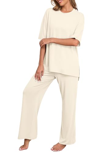 PrinStory Women's Beige Medium 2-Piece Pajama Set with Pockets