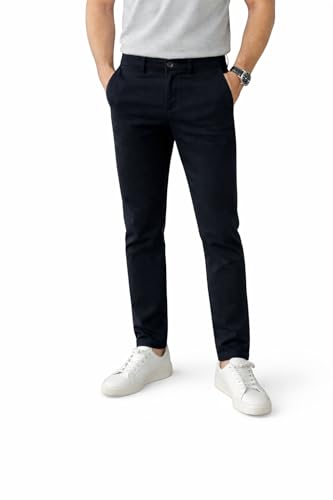 Image of DENRO Men's Slim Fit Cotton Stretch Trousers | Smart Casual & Workwear Pants for Office Use | 98% Cotton 2% Spandex Fabric | Mid-Rise Tailored Fit | Sizes 28-38