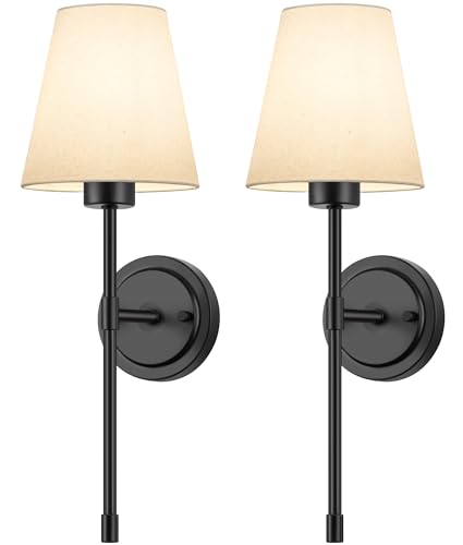 ShineTech Hardwired Wall Sconces Set of 2, Retro Industrial Wall Lamp, Bathroom Vanity Sconces Lights with White Fabric Shade, Wall Mounted Lights