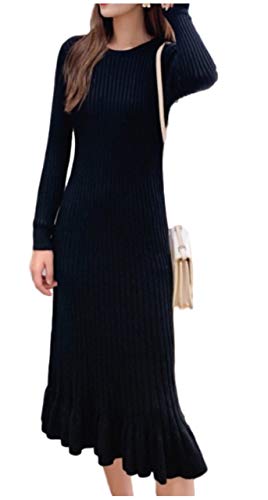 [アンリ] AN71 BK L リブニット ワンピース ペプラムワンピース フレア 長め ゆったり キュート ハイネック クルーネック プルオーバー セーター ロングワンピ ミモレ丈 パーティ デート 女子会 動きやすい 女性らしい きれい目 スタイルアップ エレガント フェミニン 高見え 清楚系 上品 伸縮性 ストレッチ フィット Iライン リブワンピース 4色展開 ブラック L レディース