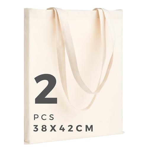 POLHIM Bolsas de algodón 38×42 cm – Beige – packs 2/6/12/24/48, lisas, reutilizables, asas largas, 100% algodón, Bolsas de algodón de 15 x 16.5 pulgadas, bolsas reutilizables de tela de compras (2)