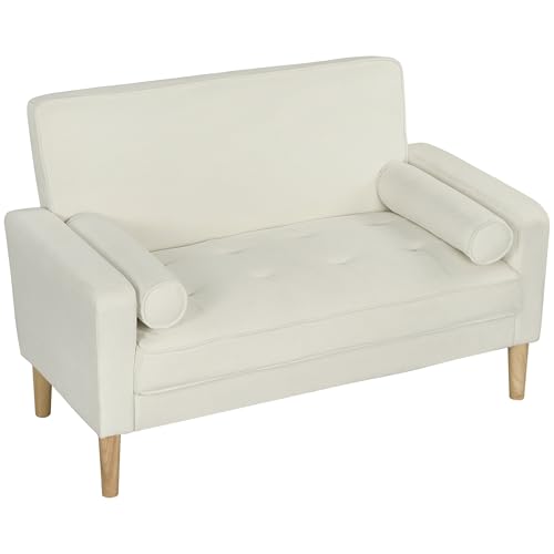 HOMCOM Sofá de 2 Plazas Tapizado en Terciopelo Sofá de Salón de 130 cm con Asiento Capitoné 2 Almohadas y Patas de Madera para Espacios Pequeños Dormitorio Sala de Estar Oficina Crema