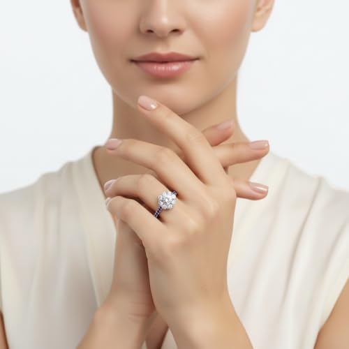 Image of Choose Your Gemstone Flower Halo Diamond CZ Ring 925 Sterling Silver Round Shape Halo Engagement Rings Everyday Jewelry Wedding Jewelry Handmade Gifts for Wife US Size 4 to 12