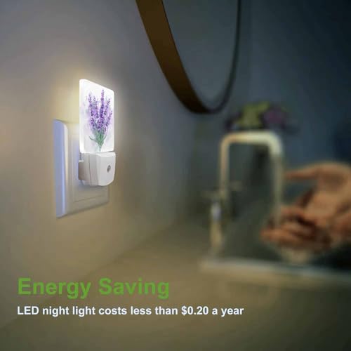 Image of LED Night Light,Delicate Purple Lavender Flowers LED Night Light Plug into Wall with Dusk to Dawn Light Sensor White Energy Efficient Nightlight for Bedroom Bathroom Hallway LivingRoom Kitchen