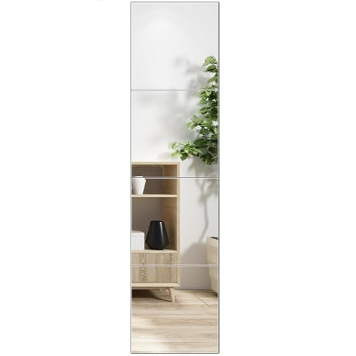 Image of Full Length Wall Mirror Tiles - 10 inch x 10 inch x 4Pcs Frameless Full Body Mirror Tiles Wall Mounted Mirror for Home Gym Vanity Bedroom, Living Room