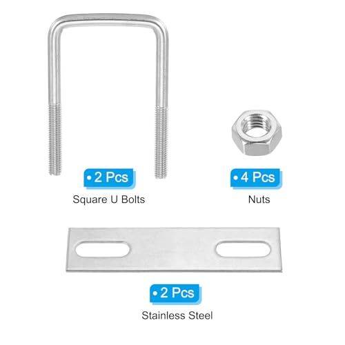 Image of PATIKIL M8x50x50mm Square U-Bolts Kit, 2Set 304 Stainless Steel Square U Shaped Bolts Replacement Parts with Frame Plates and Nuts for Ski Board Sailboat Trailer