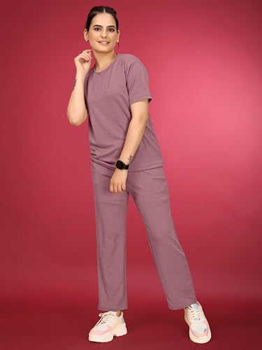 Image of Women's Round Neck Pajamas set in Polyester And Gym Outfit with Side Pockets and Drawstring Waist
