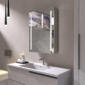 WisHomeeBathroom Mirror Cabinet with Lighting, 50 x 70 cm Wide, Stainless Steel Bathroom Mirror Cabinet with Light, Single Hinged Doors, LED Mirror Cabinet with Touch Dimmer, 3000 K / 4000 K / 6500 K