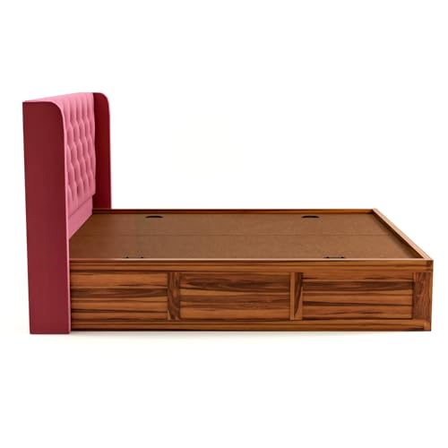 Image of Solid Sheesham Wood Queen Size Bed with Storage | Wooden Double Bed Cot Bed with Box Storage & Velvet Upholstered Cushioned Headboard for Bedroom (Honey A, Queen)