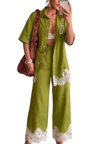 Noejsio Women's 2 Piece Outfits Lace Trim Shirt and Pants
