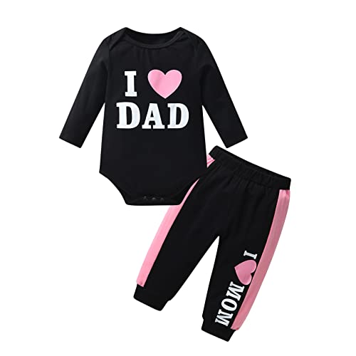 Newborn Infant Baby Girl Clothes Outfits Sets Letter Long Sleeve Bodysuit Leisure Suit Black 3-6 Months