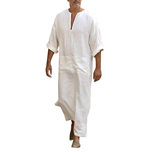 lotus.flower Mens Ethnic Robes Loose Solid Long Sleeve Loose Vintage Dress Kaftan (S, White)
