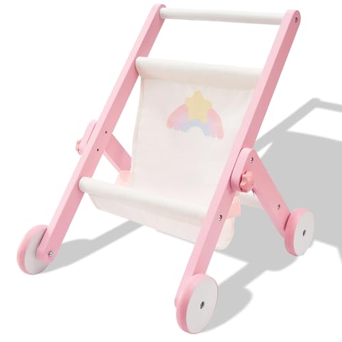 FUNLIO Poussette de Poupée en Bois pour Tout-Petits dès 12 Mois, Poussette de Poupée Rose...