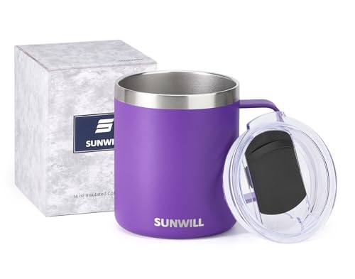 Image of SUNWILL Insulated Coffee Mug with Handle, 14oz Stainless Steel Togo Coffee Travel Mug, Reusable and Durable Double Wall Coffee Cup, Powder Coated Purple