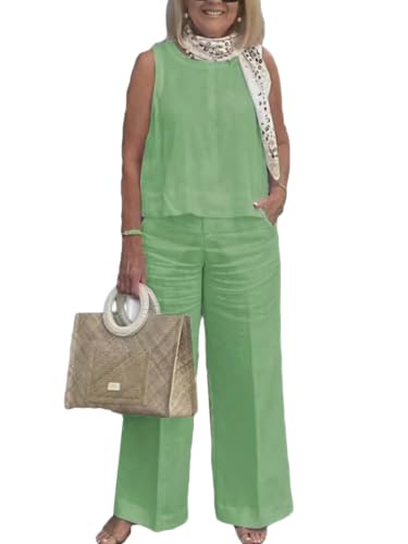 2 Piece Linen Set for Women Casual Sleeveless Tank Top and Wide Leg Pants Sets Linen Pant Suits with Pockets