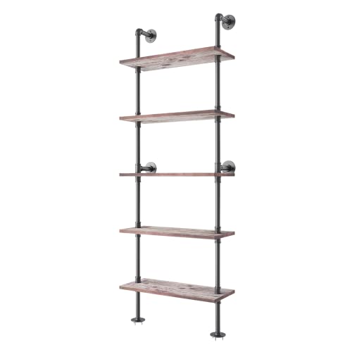 Yuanshikj 5 Tier with 24″ Solid Wood Planks, Industrial Pipe Ladder Shelf | Metal Iron Rustic Wall Mounted for Living Room,Office, Decor Storage,Bookshelf