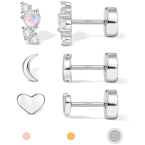 Hypoallergenic Flat Back Earrings for Women 14K Gold Plated Solid 925 Sterling Silver Post Stud Cartilage Helix Conch Tragus Piercing Jewelry 3 Pairs Tiny Screw Dainty heart moon Earring Set Men Cover