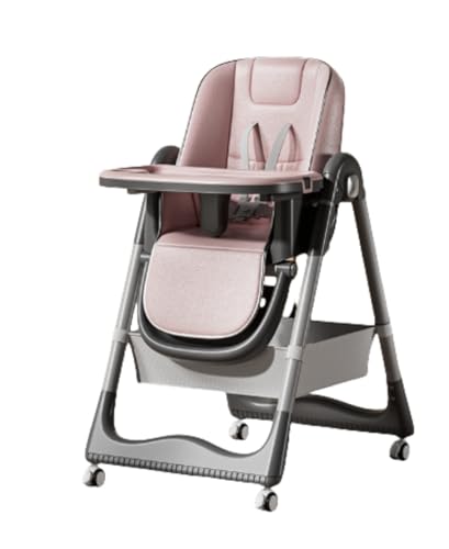 6 ヶ月〜4 歳向け ベビー・子供用 多機能ダイニングチェア 高さ調節可 折りたたみ式 リクライニング キャスター付き 二層式テーブル付き 組み立て簡単 出産祝いギフト (キャスター付き,ピンク)
