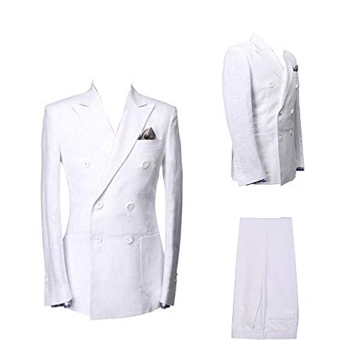 Mens White Cotton Linen Double Breasted Blazer Jacket with Pants Wedding Groomsmen Summer Suits