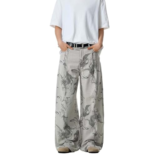 Baggy Jeans for Men Women Y2K Floral Wide-Leg Retro Distressed Grey Cargo Pants Casual Fashion Harajuku Streetwear