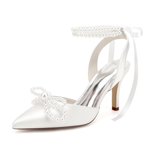 Women's Closed Toe Pearl Heels with Bow Wedding Shoes for Bride High Heels Bridal Shoes Slingback Satin Heels Pumps