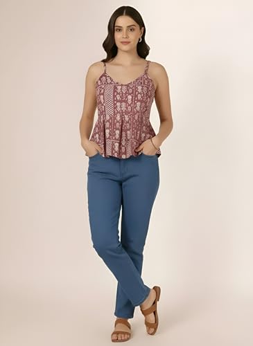 Image of Pinkmint Women Pure Cambric Cotton Printed Peplum Top | Sleeveless Spaghetti Strap Summer Casual Top for Women & Girls