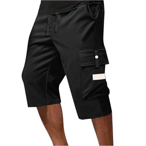 Men's Cargo Shorts Elastic Waist Drawstring Long Below The Knee Shorts Multi Pockets Waterproof Baggy Fit Capri Short Summer Quick Dry Water Resistant Hiking Short Big and Tall Capri Tactical Pants