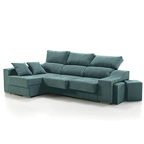 Sofá Chaise Longue Loki Izquierda 4 Plazas Turquesa Sistema de Limpieza ACUALINE Arcón 2 Puffs Asientos Extensibles Tejido Desenfundable