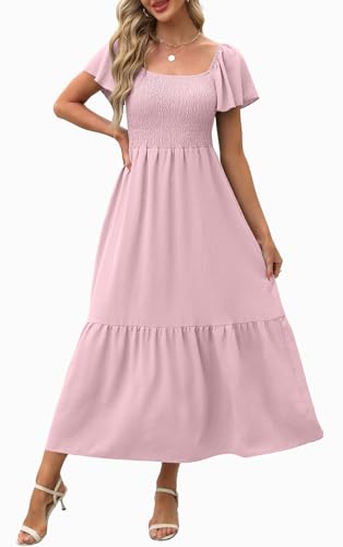 Image of OFEEFAN Summer Dresses for Women Square Neck Ruffle Sleeve Smocked Maxi Dress with Pockets