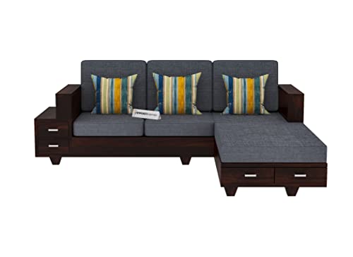 Image of Sheesham Wood 4 Seater L Shape Sofa Set with 2 Drawer Storage | 3+1 Wooden Sofa Set Furniture for Living Room Home Office (Walnut Finish)