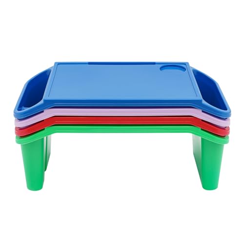 Kids Lap Desk Tray Plastic Breakfast Laptop Trays with Storage Portable Activity Table with Side Pockets/Slot Portable Lap Bed Table for Writing Eating Game Snacks (Blue, Red, Green, Purple/ 4Pcs)