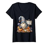 donna fall gnome with autumn greetings sign for funny gardener maglietta con collo a v
