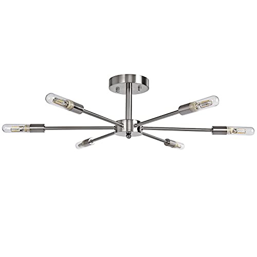 Preisvergleich Produktbild OYIPRO Nordisch Deckenleuchte Kronleuchter 6-Flammig Deckenlampe G9 Lampenfassung Glas Lampenschirm Metall Nickel für Wohnzimmer Schlafzimmer Esszimmer Balkon Restaurant Shop Bar